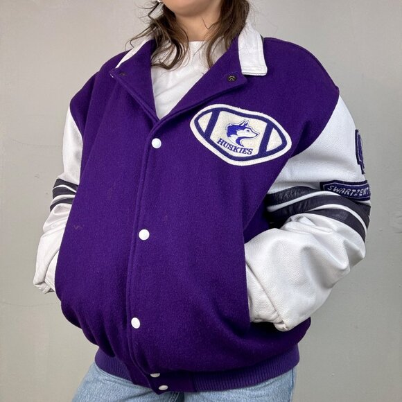 L - Purple + White Huskies HPSS Varsity Jacket - Picture 1 of 8